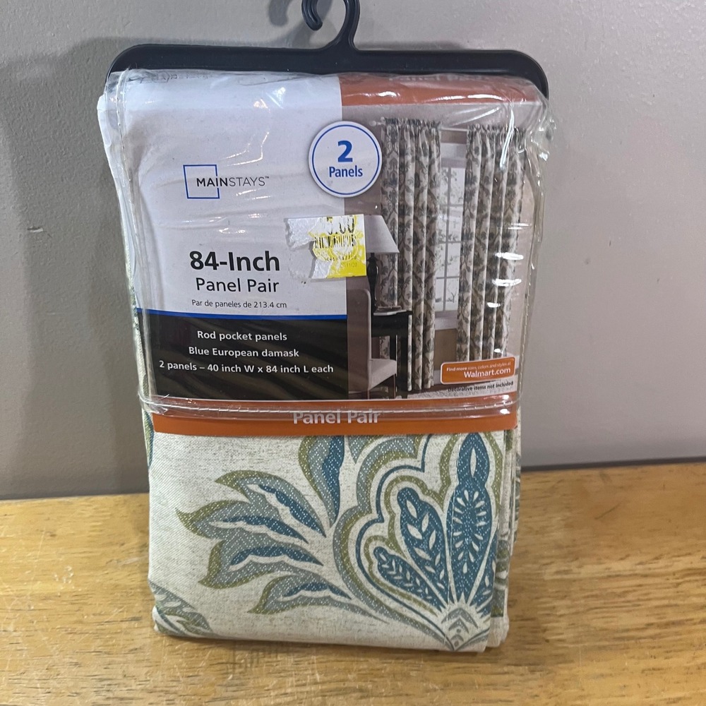 Mainstays Curtain Panel Pair 84" Blue European Damask Rod Pocket New